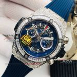 GB Factory Replica Hublot Big Bang Watches For Sale - Blue Dial Blue Rubber Band Diamonds Watches 